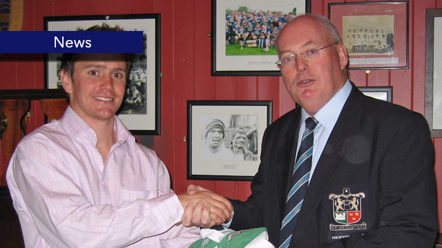 Eoin Reddan presents his Irish Jersey to Frank Larkin, Old Crescent RFC